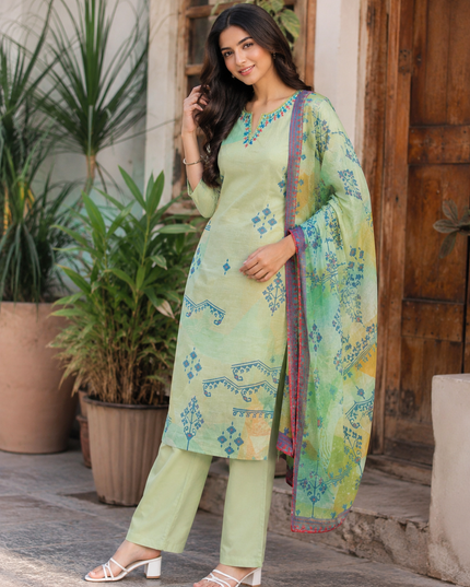LADIES KURTI SET CODE-A58 He & She Women’s Light Green Printed Kurti Set with Dupatta | Elegant Ethnic Wear for Casual & Festive Occasions