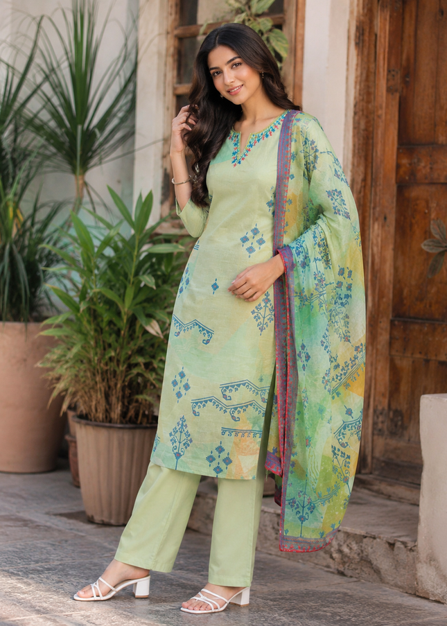 LADIES KURTI SET CODE-A58 He & She Women’s Light Green Printed Kurti Set with Dupatta | Elegant Ethnic Wear for Casual & Festive Occasions