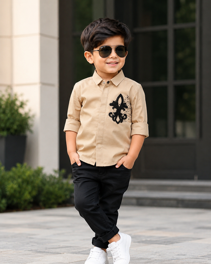 BOYS SHIRT CODE-75 He And She Boys Beige Embroidered Party Wear Shirt | Full Sleeves Cotton Blend Shirt for Kids