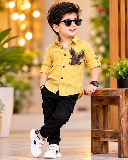 BOYS SHIRTS CODE-B76 He And She Boys Yellow Eagle Embroidered Full Sleeve Casual Shirt for Kids