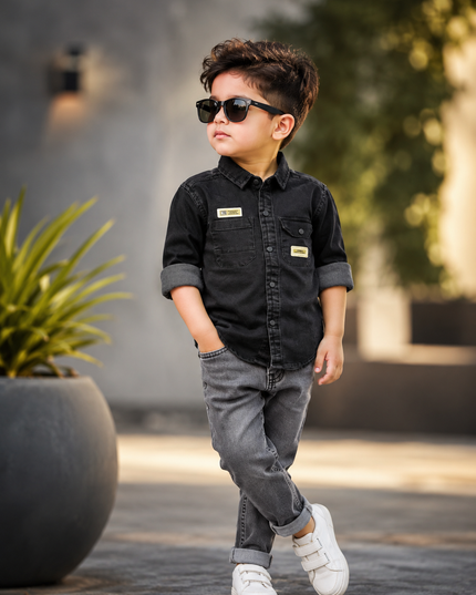 BOYS SHIRTS CODE-B77 He And She Boys Black Denim Casual Shirt | Stylish Full Sleeve Kids Shirt