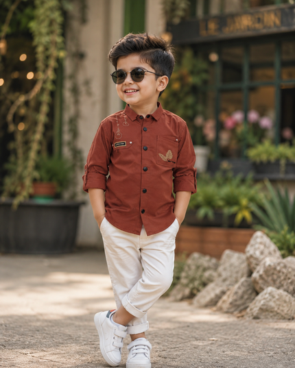 BOYS SHIRTS CODE-B79 He and She Boys Rust Brown Full Sleeve Casual Shirt | Stylish Party Wear Shirt for Kids
