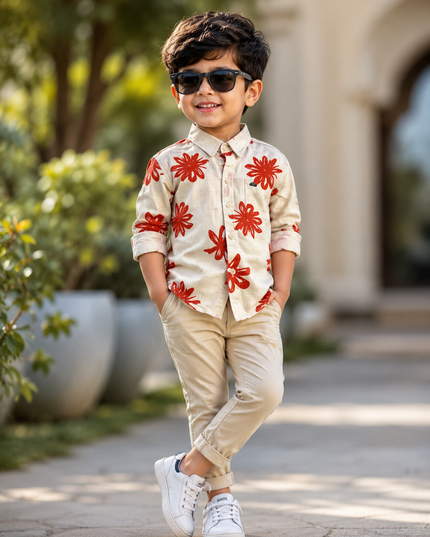 BOYS SHIRTS CODE-B81 He and She Boys Cream Floral Printed Full Sleeve Casual Shirt