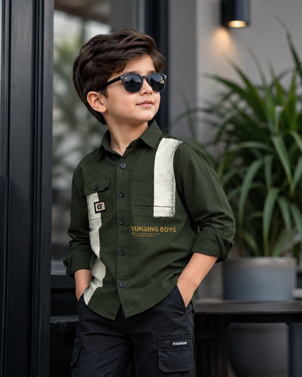 BOYS SHIRTS CODE-B82 Boys Olive Green Printed Full Sleeve Casual Shirt | Stylish Kids Cotton Blend Shirt