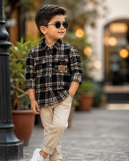 BOYS SHIRTS CODE-B83 Boys Black & Beige Checkered Full Sleeve Cotton Casual Shirt | He And She