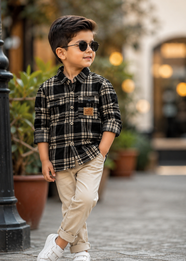 BOYS SHIRTS CODE-B83 Boys Black & Beige Checkered Full Sleeve Cotton Casual Shirt | He And She