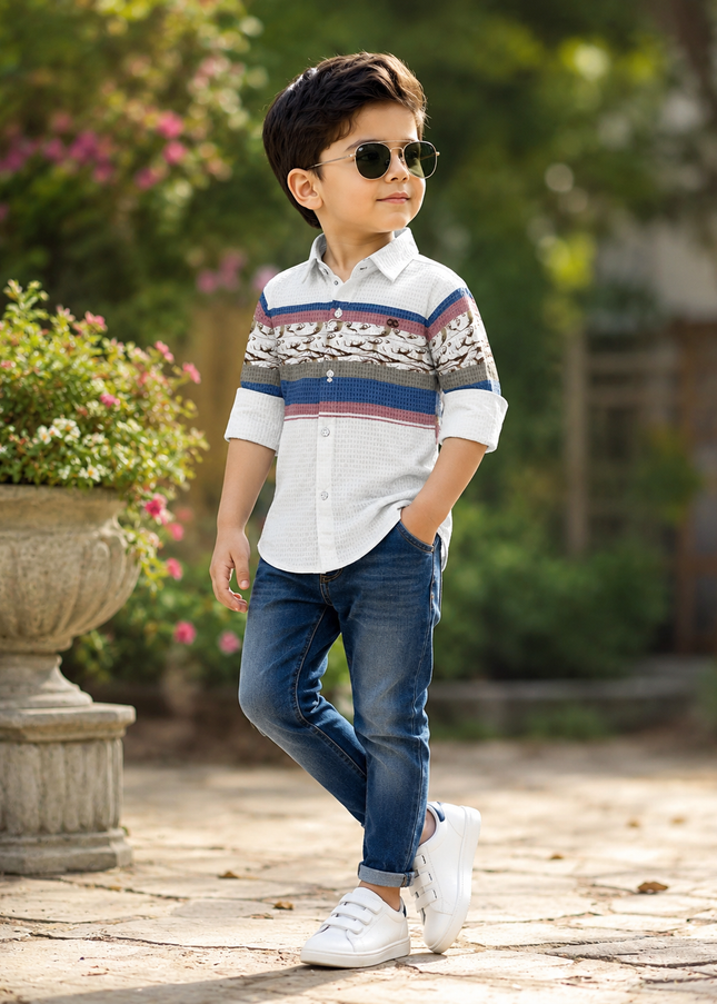 BOYS SHIRTS CODE-B84 He And She Boys White Striped Full Sleeve Casual Cotton Shirt for Kids