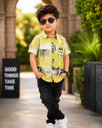 BOYS SHIRTS CODE-B87 He and She Boys Lime Green Abstract Printed Casual Cotton Shirt | Full Sleeve Party Wear Shirt for Kids