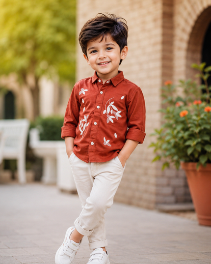 BOYS SHIRTS CODE-B89 He and She Boys Rust Orange Printed Cotton Casual Shirt for Kids