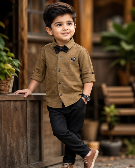 BOYS SHIRTS CODE-B92 He And She Boys Brown Full Sleeve Party Wear Shirt with Bow Tie | Stylish Kids Casual & Formal Shirt