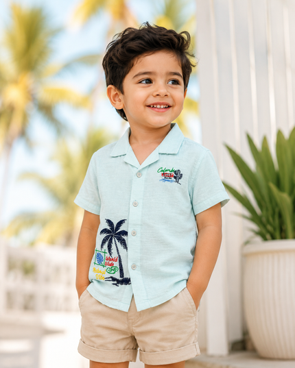 BOYS SHIRTS CODE-B93 He And She Boys Mint Green Embroidered Casual Cotton Shirt | Half Sleeve Summer Shirt for Kids