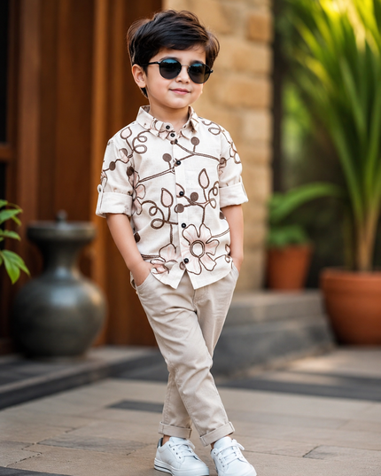 BOYS SHIRTS CODE-B96 He and She Boys Floral Printed Full Sleeve Casual Shirt – Cream White Cotton Blend Shirt for Kids