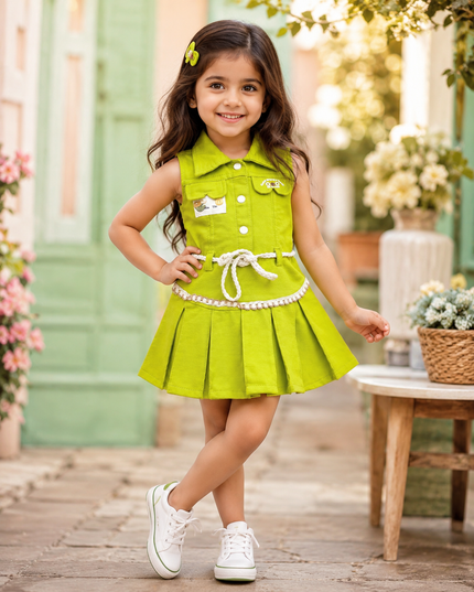 GIRLS WESTERN SET CODE-B104 Girls Lime Green Sleeveless Western Dress with Belt | Stylish Party & Casual Wear for Kids