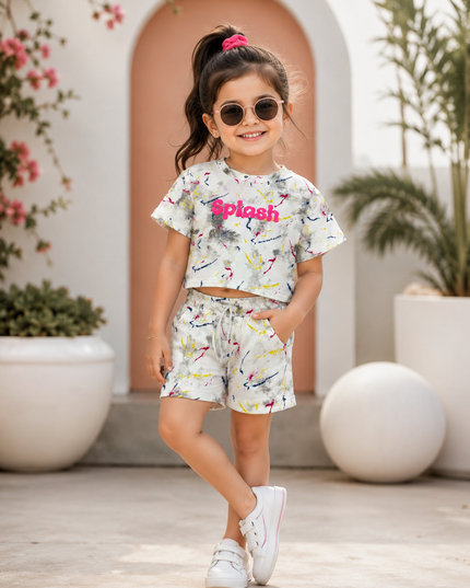 GIRLS WESTERN CORD SET CODE-B105 Girls Splash Print Western Co-ord Set | Half Sleeve T-Shirt & Shorts Set for Girls | He and She