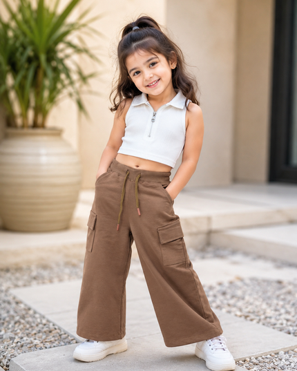 GIRLS JEANS&PLAZO CODE-B108 Girls Brown Cargo Palazzo Pants | Comfortable Wide Leg Cotton Blend Bottom Wear for Kids