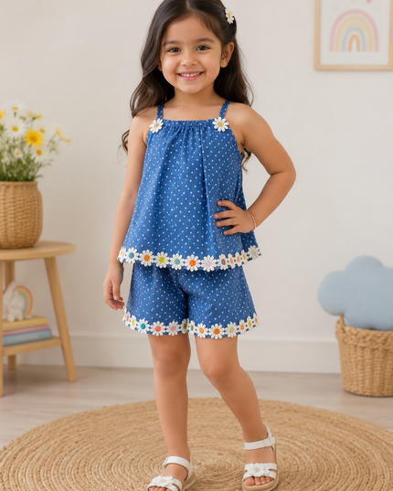 GIRLS WESTERN SET CODE-B102 He and She Girls Blue Polka Dot Floral Western Co-Ord Set | Sleeveless Top & Shorts Set for Girls