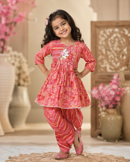 GIRLS ETHNIC WEAR CODE-B98 He And She Girls Pink Floral Ethnic Wear Set with Dhoti Pants | Traditional Festive Outfit for Girls