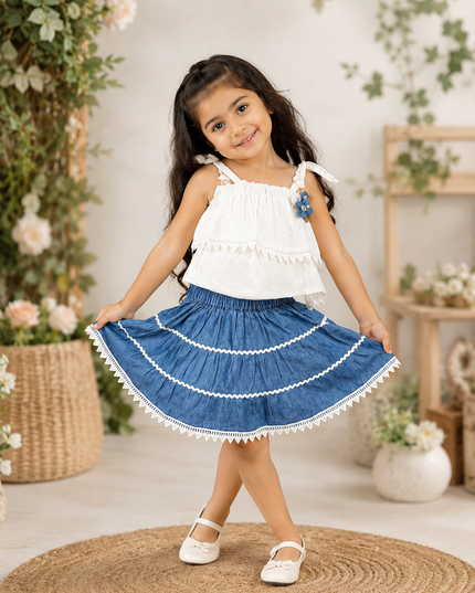 GIRLS WESTERN SET CODE-B100 He and She Girls White Embroidered Top & Blue Denim Skirt Western Set for Kids