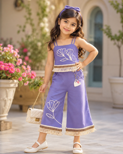 GIRLS WESTERN SET CODE-B103  Girls Lavender Embroidered Western Co-Ord Set with Fringe Detail | He And She