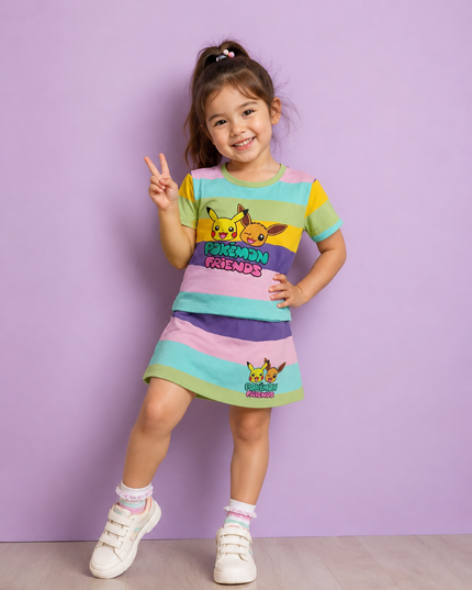 GIRLS WESTERN CORD SET CODE-A88 He and She Girls Pokémon Friends Striped Co-ord Set | Kids Cotton T-Shirt & Skirt Set