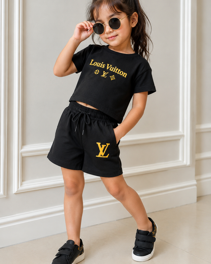 GIRLS WESTERN CORD SET CODE-A93 He and She Girls Black Co-Ord Set | Cotton Half Sleeve T-Shirt & Shorts Set for Girls