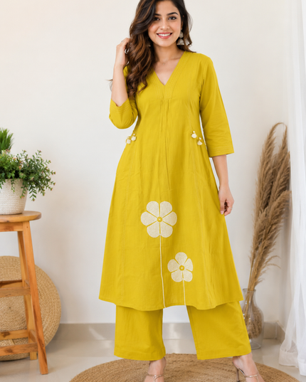 LADIES KURTI SET CODE-A98 He and She Women's Mustard Yellow Embroidered Kurti Pant Set | Stylish Ethnic Wear for Women