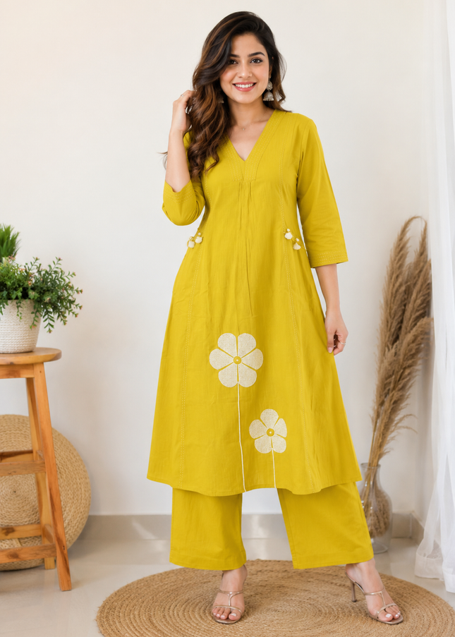 LADIES KURTI SET CODE-A98 He and She Women's Mustard Yellow Embroidered Kurti Pant Set | Stylish Ethnic Wear for Women