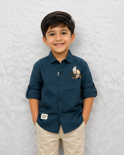 BOYS SHIRTS  CODE-B78 Boys Premium Embroidered Full Sleeve Casual Shirt | White, Black & Dark Green | He and She
