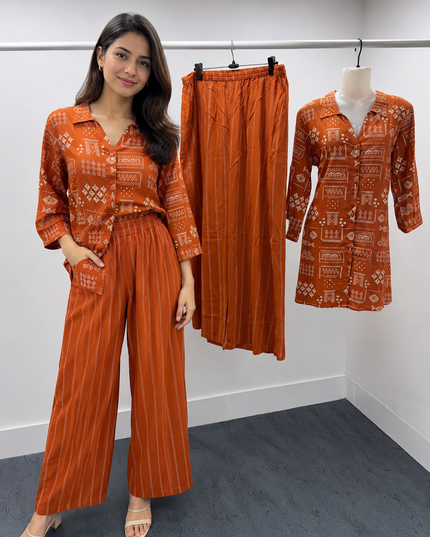 LADIES KURTI CODE-A54 He and She Women's Printed Co-Ord Set | Shirt Style Top & Wide Leg Palazzo | Coffee & Orange
