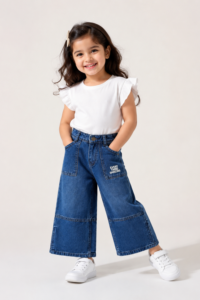 GIRLS JEANS CODE-A101 Girls Wide Leg Printed Denim Jeans | Light & Dark Denim | Stylish Casual Bottom Wear for Kids | He and She
