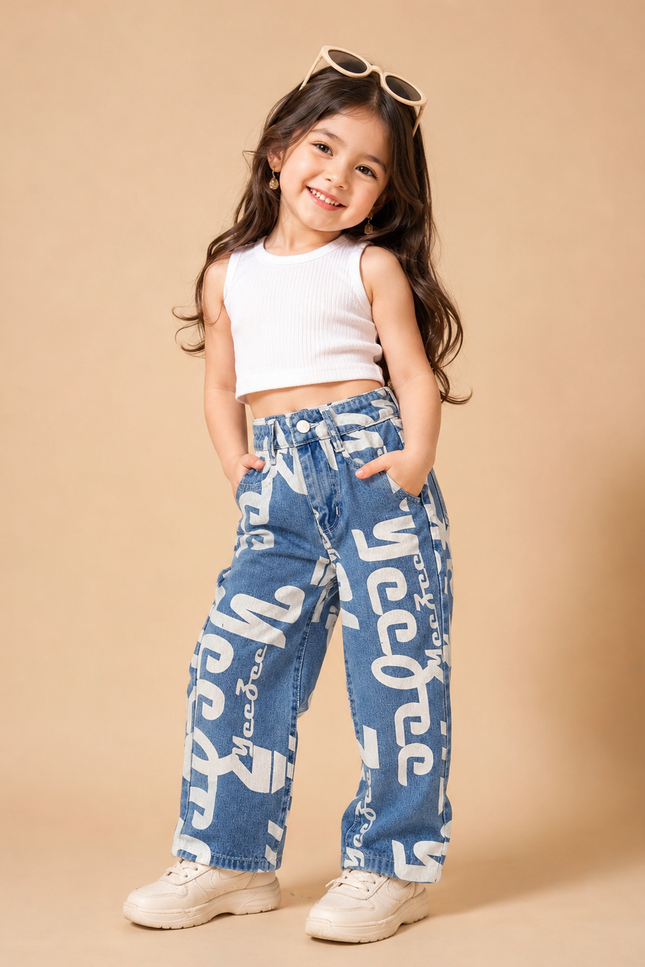 GIRLS JEANS CODE-A102 Girls Graphic Print Wide Leg Denim Jeans | Stylish Blue Baggy Jeans for Kids