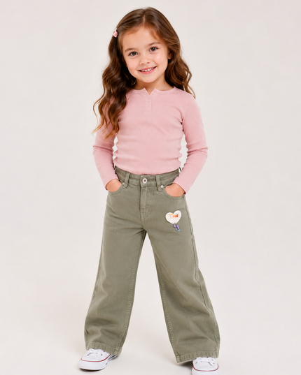 GIRLS JEANS CODE-A99 Girls Wide Leg Denim Jeans with Heart Patch | Kids Casual Fashion Pants | He and She