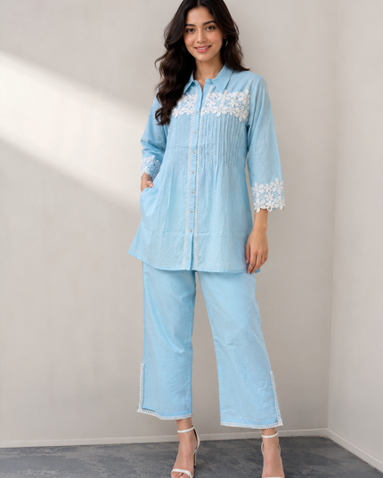 LADIES COTS CODE- A51 He & She Women's Embroidered Co-Ord Set | Premium Shirt & Palazzo Set | Beige & Sky Blue
