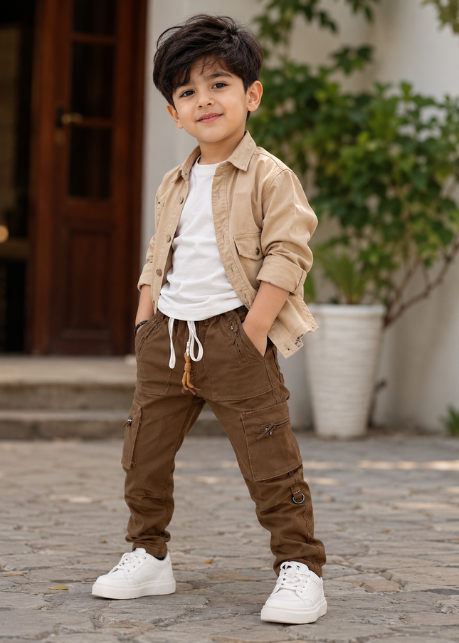 BOYS CARGO CODE-B48 He and She Boys Brown Utility Cargo Pants with Multiple Pockets | Stylish Casual Cargo Trousers for Kids