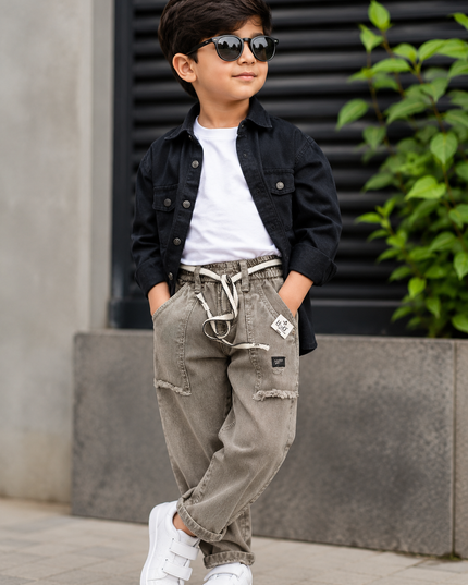 He and She Boys Washed Grey Denim Jeans with Drawstring Waist | Stylish Casual Kids Jeans