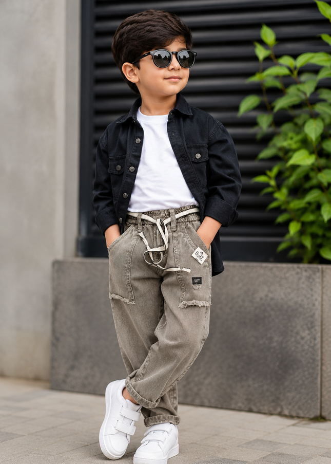 He and She Boys Washed Grey Denim Jeans with Drawstring Waist | Stylish Casual Kids Jeans