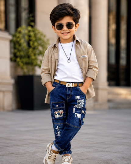 BOYS JEANS CODE-B53 He and She Boys Printed Cargo Denim Jeans with Adjustable Belt | Stylish Casual Jeans for Kids
