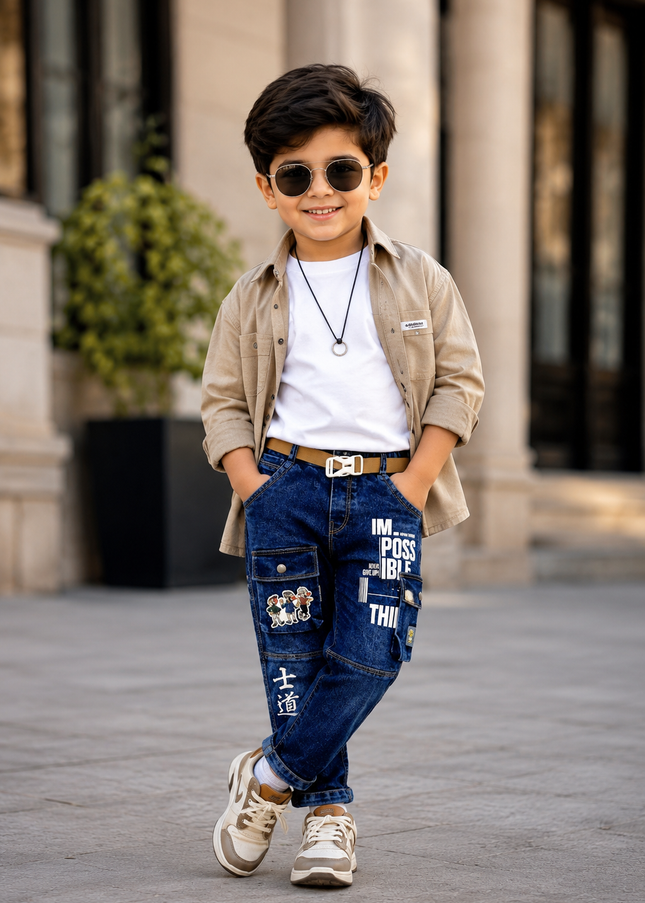BOYS JEANS CODE-B53 He and She Boys Printed Cargo Denim Jeans with Adjustable Belt | Stylish Casual Jeans for Kids