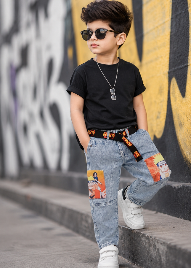 BOYS JEANS CODE-B58 He and She Boys Naruto Patch Light Blue Denim Jeans with Adjustable Belt | Stylish Casual Kids Jeans