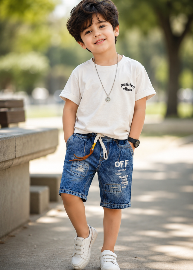 BOYS PANT CODE-B59 He and She Boys Denim Capri Shorts | Stylish Printed Elastic Waist Capri for Kids