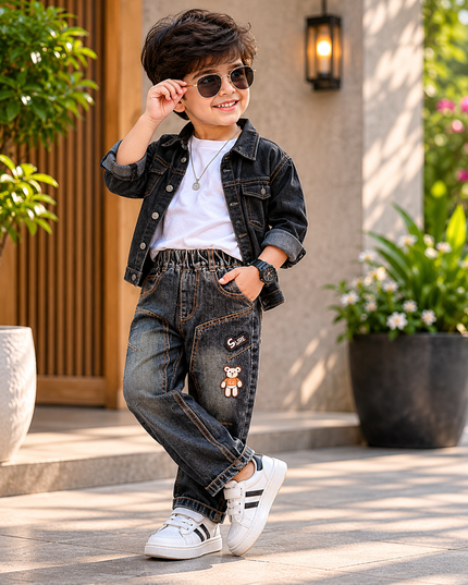 BOYS JEANS CODE-B60 Boys Dark Wash Elastic Waist Denim Jeans with Bear Patch | Stylish Casual Kids Jeans