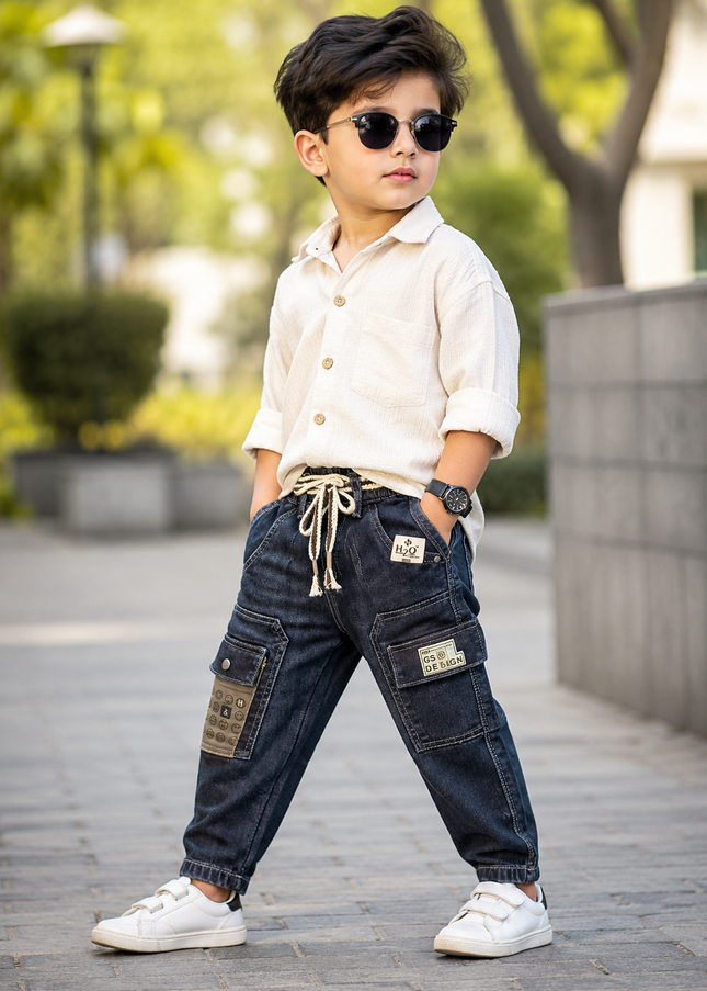 BOYS JEANS CODE-B61 He and She Boys Premium Cargo Style Denim Jeans with Adjustable Rope Belt | Dark Blue Kids Jeans