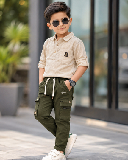 BOYS JEANS CODE-B63  He and She Boys Olive Green Cargo Pants | Stylish Multi-Pocket Casual Cotton Trousers for Kids