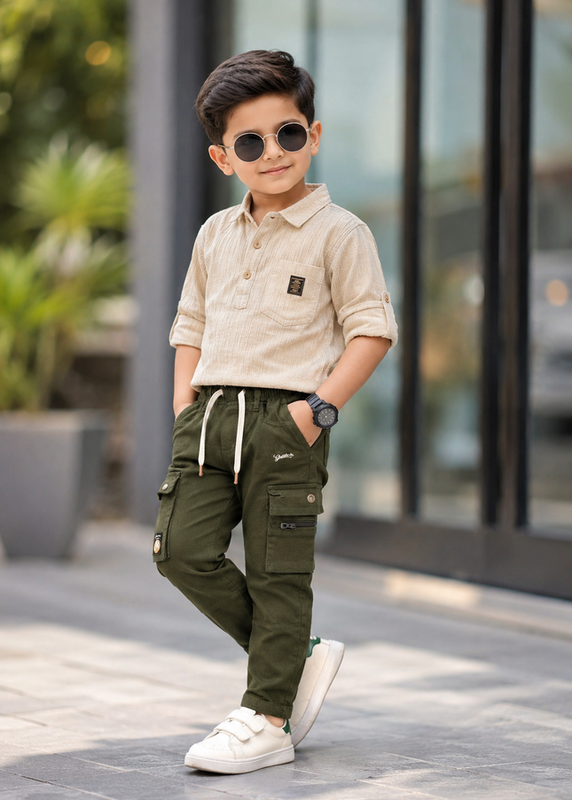 BOYS JEANS CODE-B63  He and She Boys Olive Green Cargo Pants | Stylish Multi-Pocket Casual Cotton Trousers for Kids