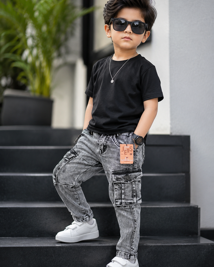 BOYS JEANS CODE-B64 He and She Boys Grey Washed Cargo Jeans | Stylish Multi-Pocket Denim Pants for Kids