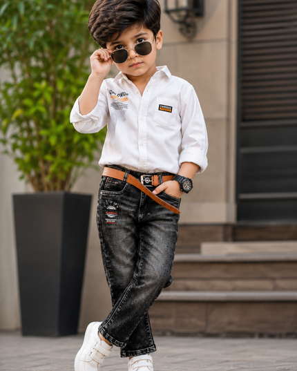 BOYS JEANS CODE-B65 He And She Boys Black Washed Denim Jeans with Belt | Stylish Kids Casual Jeans
