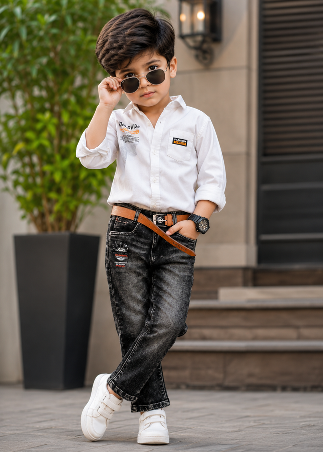BOYS JEANS CODE-B65 He And She Boys Black Washed Denim Jeans with Belt | Stylish Kids Casual Jeans