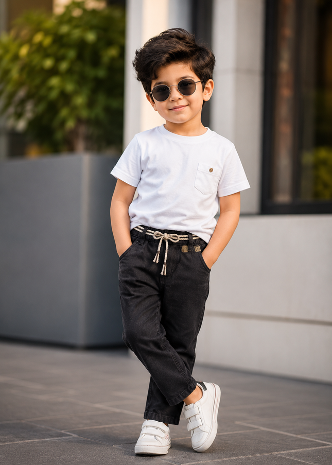 BOYS JEANS CODE-B67 He And She Boys Black Denim Jeans with Adjustable Drawstring Waist