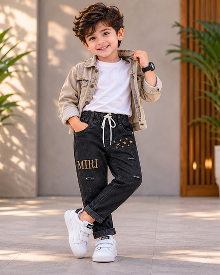 BOYS JEANS CODE-B55 Boys Black Embroidered Denim Jeans with Drawstring Waist | He and She Kidswear