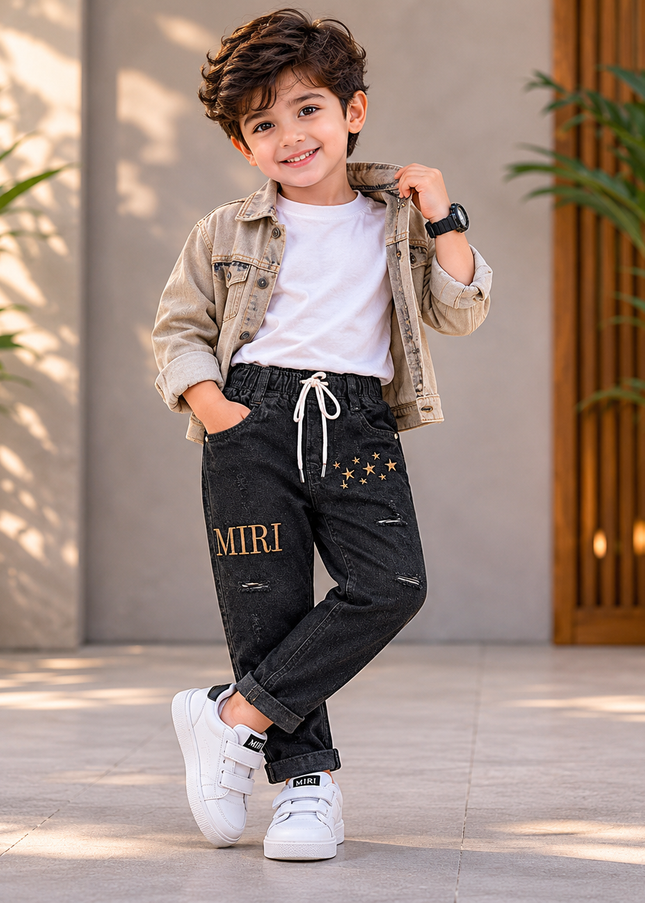 BOYS JEANS CODE-B55 Boys Black Embroidered Denim Jeans with Drawstring Waist | He and She Kidswear